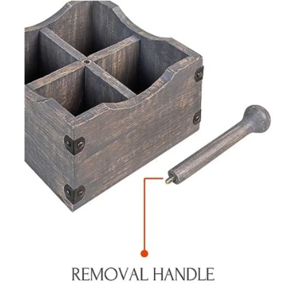 Square Wooden Kitchen Utensil Holder - Flatware Organizer w/ 4 Compartments